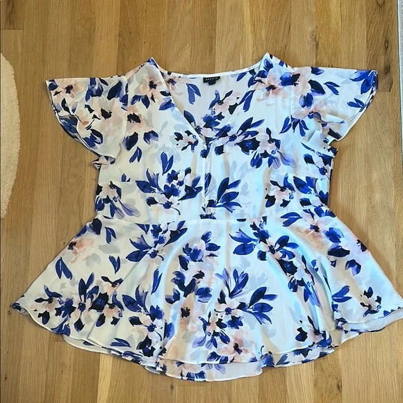Torrid Georgette Peplum Blouse V Neck Flutter Sleeves Ivory & Blue Women Size 1X - Picture 7 of 12